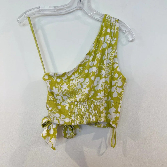 Free People Lime Floral One Shoulder Bohemian Preppy Side Tie Bow Top Blouse XS - Picture 4 of 8